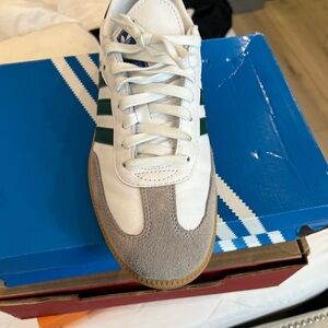 Adidas Men's White and Gray Sneakers with Green Stripes